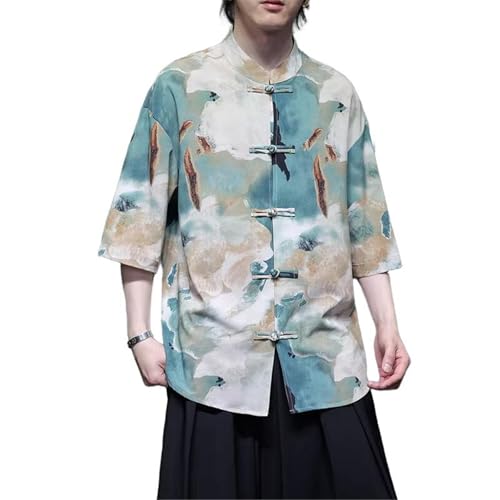 Boucle plaque et coupe lâche pour cette chemise courte homme style chinois unique
