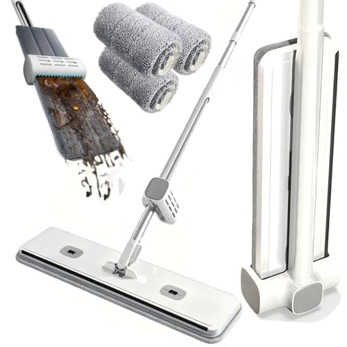 Hands Free Microfiber Mop with 4 Washable Pads, 61' Stainless Steel Handle, Efficient Flat Mop for All Hard Floors