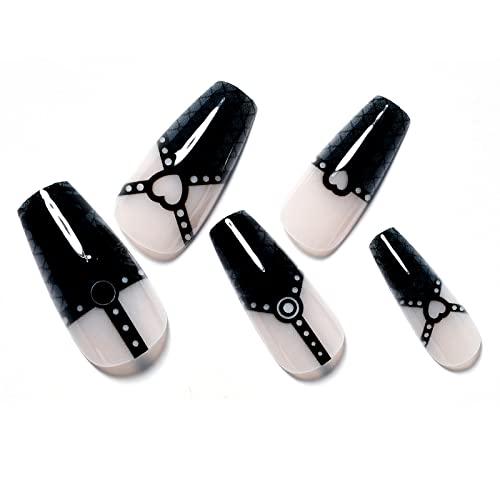 Coffin Press on Nails Medium, Black Goth Fake Nails Halloween Sexy Lock Gothic Glue on Nails for Women Ballerina UV Acry