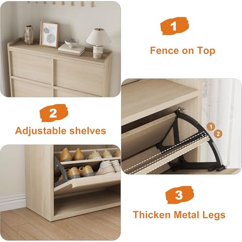 GarveeHome Shoe Cabinet with 6 Flip Drawers, Wooden Shoe Organizer Cabinet with Adjustable Shelf, Shoe Storage for Entryway, Hidden Shoe Cabinet for Hallway, Living Room, Natural Oak