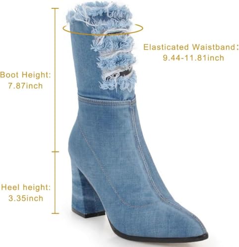 MAVMAX Denim Ankle Boots for Women Pointed Toe Chunky High Heel Jeans Denim Blue Short Mid Calf Booties with Side Zipper2