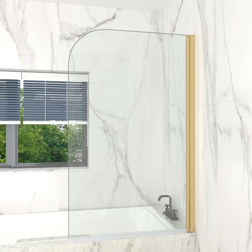 T&K Écran de douche 900x1400 mm Panneau de porte de baignoire pivotant en verre trempé à bords arrondis dorés de 5 mm, facile à nettoyer des deux côtés,...