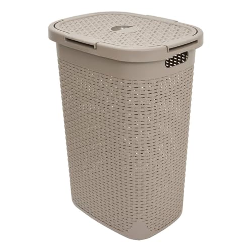 5five - Panier à Linge Rattan 60L Beige Lin - Trous d'Aération - Couvercle - Poignées Ergonomiques Portage Facile - Corbeille de Rangement Plastique