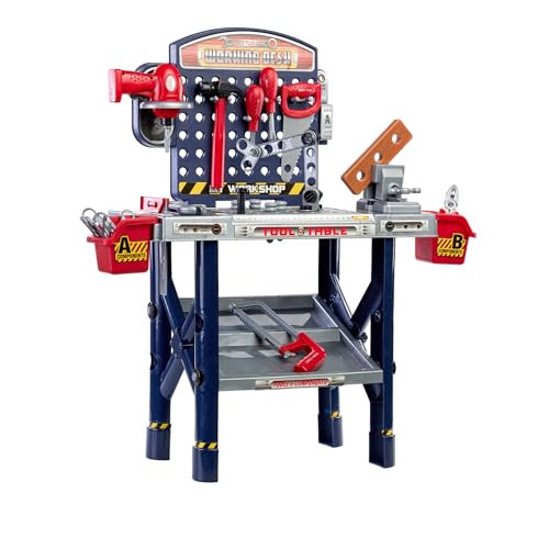 Bancada de Ferramentas Infantil Interativa, Kit de Ferramentas com Mesa de Trabalho, Azul e Vermelho