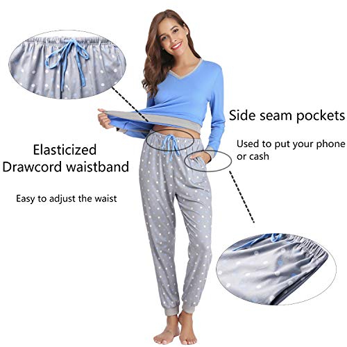 Hawiton Women's Cotton Long Sleeve Pajamas Set Sleepwear Dot Pattern Bottom Lounge Nightgowns Blue
