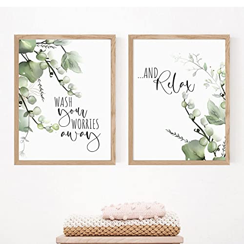 BIEMBI HD Print Canvas Painting Botanical Tropical Leaves Wash Your Worries Away And Relax Quote Wall Art Picture Bathroom Poster 30x40cmx2 Frameless