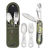 Ideal para salida al campo Set CUBIERTOS Camping Acero inoxidable 4 piezas  Cuchillo multiusos, tenedor, cuchara y funda  Vajilla de exteriores para Camping, senderismo, caza, pesca  33044