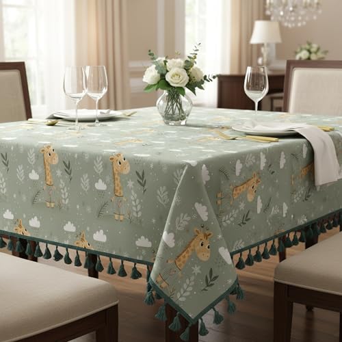 Image of LORETO - A QUALITY LINEN BRAND 100% Pure Cotton Table Cover with Boho Tassels (48 x 48 Inch) - Square Tablecloth for Square Dining Table, Sage Green Jungle Giraffe