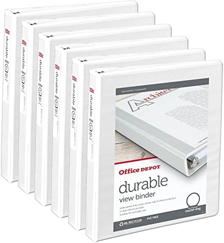 Office Depot® Brand Durable Round-Ring View Binders, 1" Rings, White, Pack Of 6 Binders