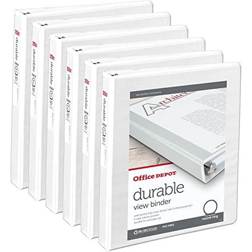 Office Depot® Brand Durable Round-Ring View Binders, 1" Rings, White, Pack Of 6 Binders #TOP28