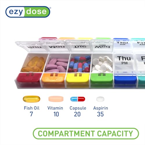Image of EZY DOSE Push Button (7-Day) Pill Case, Medicine Planner, Vitamin Organizer, 2 Times a Day, AM /PM Container, X-Large Compartments, Arthritis Friendly, Easy to Use, Clear Lids, Rainbow, BPA Free
