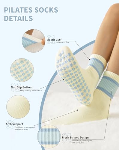 Image of Yawlsow Pilates Grip Socks for Women Yoga Grippy Socks Cute Barre Non Skid Athletic Crew Sticky Sock Workout Hospital