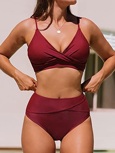 Image of CUPSHE Women's Bikini Sets Two Piece Swimsuit High Waisted V Neck Twist Front Adjustable Spaghetti Straps Bathing Suit
