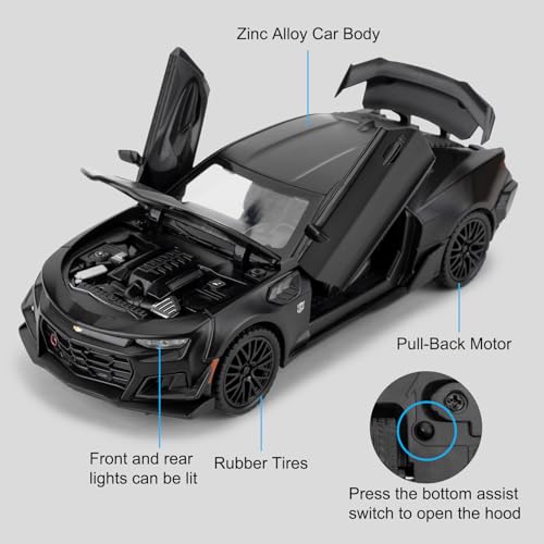 Image of 1:32 Bumblebee Diecast Car Model, Collectible Diecast Toy Car with Lights and Sounds, Pull Back Vehicles Toy for Adults Kids Birthday Gifts Decoration Black