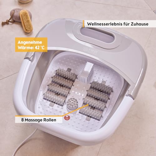 TZS First Austria - Fußsprudelbad 500W - Fußmassagegerät mit 3 Aufsätzen & 8 Massagerollen - Vibrations- & Luftblasenmassage, Infrarot- & Heizfunktion - Klappbar bis Größe 47 - Grau