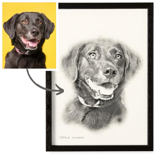 Tierportrait personalisiertes Geschenk Hundebesitzer Bild im Stil einer Bleistiftzeichnung von Foto Portrait wie Bleistift Zeichnung Fotogeschenk Hund Geschenk Haustier (mit oder ohne Rahmen)