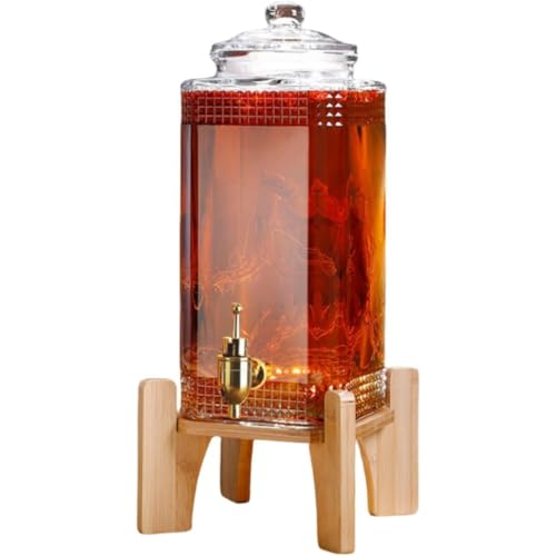 Vzfv ガラスドリンクサーバー 蛇口付き 7.5L 大容量 ステンレス製コック 密閉蓋 竹製台座 家庭用 果実酒・梅酒・ジュース・水・ビール保存容器 キッチン・パーティー・BBQに (5l + 銅の蛇口 + 竹木製ベース)