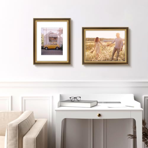 Image of Golden State Art,11x14 Ornate Picture Frame Holds 8x10 Photo,Brown Gold | Includes real glass front,white mat,build-in hangers and buttons.Displays 8x10 photo on wall