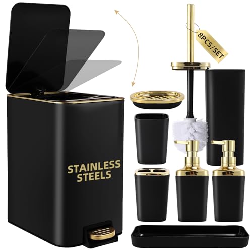 XLHOMO Black Bathroom Accessories 8 Piece Black and Gold Bathroom Set, Bathroom Accessories with Stainless Steel Bathroom Trash Can,Toilet Brush,Toothbrush Set,Soap Dispenser