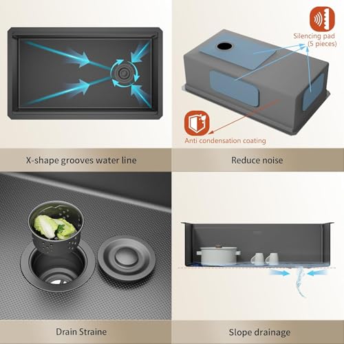 Image of 32-Inch Undermount Kitchen Sink, 304 Stainless Steel with Nano Coating, Single Bowl for Workstation, RV, Prep Kitchen, Includes Cutting Board & Roll-Up Dish Rack, and More Accessories (Black)