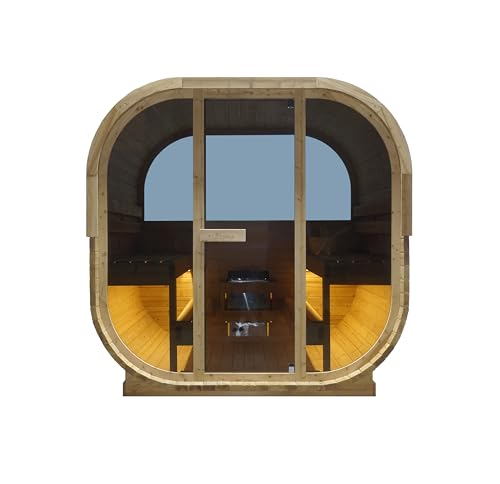 SANOTECHNIK Hanko – Sauna exterior y cabina de infrarrojos para 6 personas, 210 × 180 × 210 cm, horno Harvia de 8 kW, madera de abeto, cristal templado – Número de referencia F60180