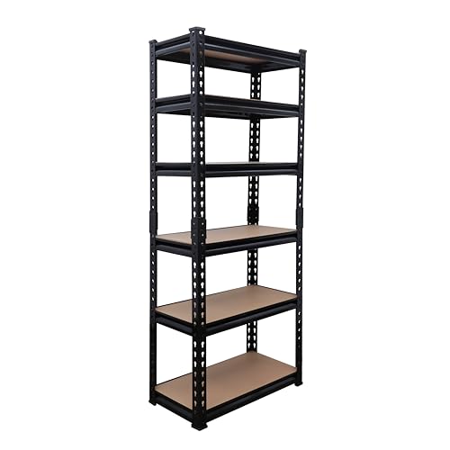 Image of BonKaso Adjustable 6-Shelf Metal Storage Rack | Heavy-Duty Steel Boltless Rivet Utility Shelving Unit for Garage, Kitchen & Office | 62 Inches Height (62 x 24 x 12 in) - Black