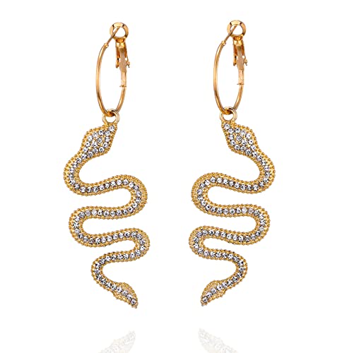Snake Earrings 14K Gold Plated Dangle Earrings Personalized Punk Animal Hypoallergenic Fashion Rhinestone Ear Jewelry for Women (Gold)