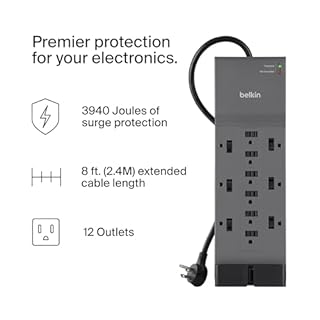 Belkin 12-Outlet Surge Protector Power Strip w/ 12 AC Outlets & 8ft Flat Plug, UL-listed Heavy-Duty Extension Cord for Home, Office, Travel, Computer, Laptop, Charger - 3,940 Joules of Protection
