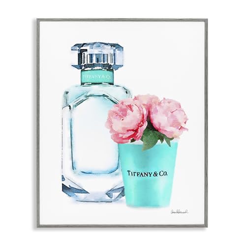 Image of Teal Perfume Bottle Peonies Glam Floral, 11 x 14 Inch Framed Giclee Print | Stupell Industries . By Amanda Greenwood . Ready to hang . Giftable accent for home decor . Made in USA