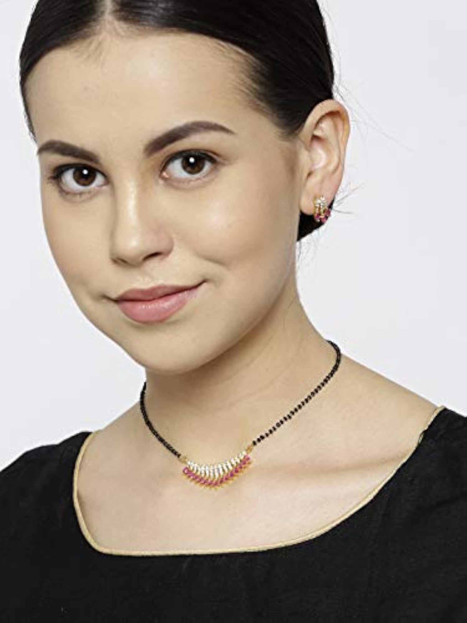 Gold-Plated American Diamond & Ruby Studded Mangalsutra Set with Earrings