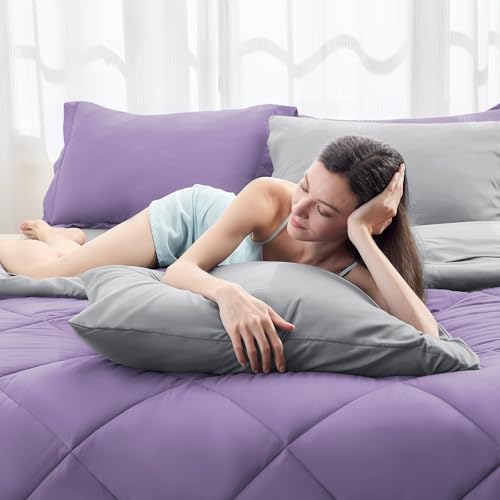 HEVUMYI King Comforter Set - 7-Piece All Season Bed in a Bag King, Ultra Soft Bedding Set with Comforter, Flat Sheet, Fitted Sheet, Pillowcases, Pillow Shams, Purple & Light Grey