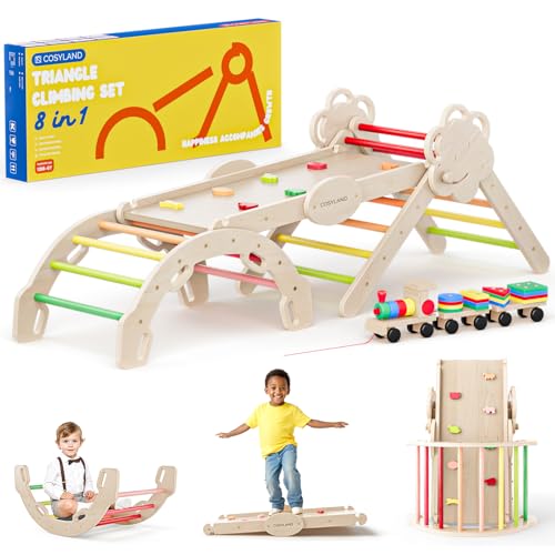 COSYLAND Klettergerüst Indoor L – Großes Kletterdreieck Set mit Kletterbogen & Rutsche – 8-in-1 Massivholz-Spielplatz für Kinder ab 18 Monaten – Warmfarben COSYLAND Klettergerüst Indoor L – Großes Kletterdreieck Set mit Kletterbogen & Rutsche – 8-in-1 Massivholz-Spielplatz für Kinder ab 18 Monaten – Warmfarben