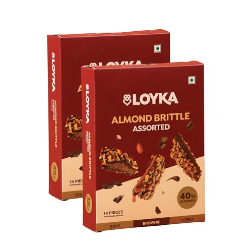 Image of LOYKA Almond Brittle Assorted Choco Box - 14 Pcs X 2 | Premium Chocolate Gift Hamper | Choco & Nut Dryfruit | Roasted California Almonds (40%, Dark Choco & Salted Caramel | Any-Time Snack, 450 Gram)