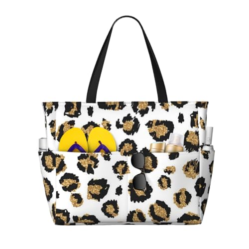Sac de plage léopard noir et paillettes dorées grand cabas spacieux contre le désordre