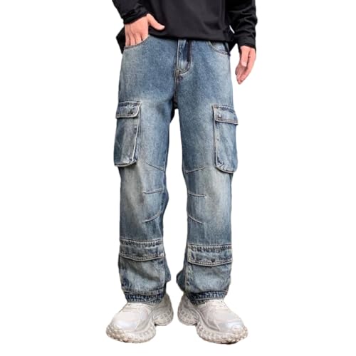 Men's Motorcycle Straight Jeans Big Pocket Loose Wide Leg High Street Jeans