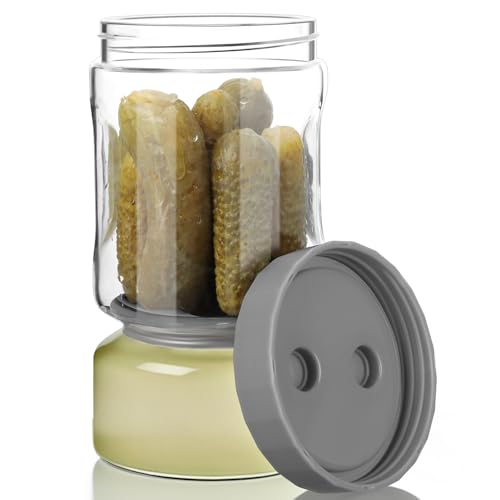 VINATO 930ml Bote para Aceitunas con Escurridor, Cristal Recipiente Encurtidos, Tarro Aceitunas Hermético Capovolteable, Sin BPA, Apto Lavavajillas, Tarro de Cristal para Pepinos Olivas Kimchi(Gris)