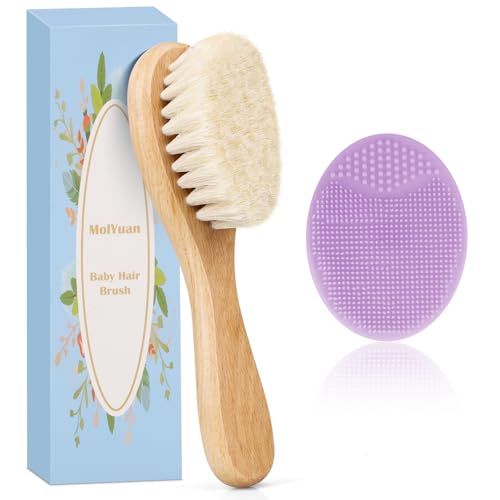 MolYuan Baby Haarbürste Hölzerne weiche ziegenhaarbürste Baby Silikon Haar Cradle Cap Pinsel Set für Neugeborene Kleinkinder Haarbürste Baby Set (2 Stück (Lila Silikonbürste + Haarbürste))