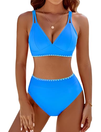 BMJL Women's Bikini Sets V Neck High Waisted Swimsuits Shell Stitched Cheeky Two Piece Bathing Suit