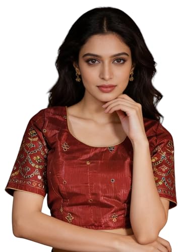 Women's Embroidered Blouse with Short Sleeves, Round Neck, Back Tie-Up Design, Handcrafted Thread Work, Traditional Ethnic Wear (US, Alpha, Medium, Regular, Regular, Maroon)