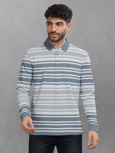 Image of BULLMER Striped Textured Printed Polo Neck Fullsleeve T-Shirt with Rib for Men