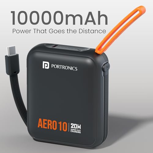 Image of Portronics Aero 10 10000 mAh 20W Fast Charging Mini Power Bank with Detachable Type C Cable, Type C PD Input /Output Port, LED Indicator, Wake Up Button, Strong Lanyard, Light Weight (Black)
