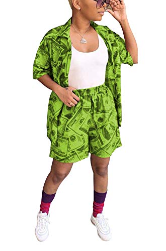 Bluewolfsea Women's Summer Floral Print 2 Piece Jacket Outfits Casual Loose Open Front Cardigan and Shorts Set Medium Green