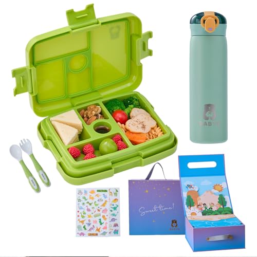 Bento Box for Kids & Insulated Water Bottle Set - Leak Proof, Microwave Safe, BPA Free, 5 Compartments, Dishwasher Safe, Stainless Steel 16 oz, Utensils & Stickers. (Green)