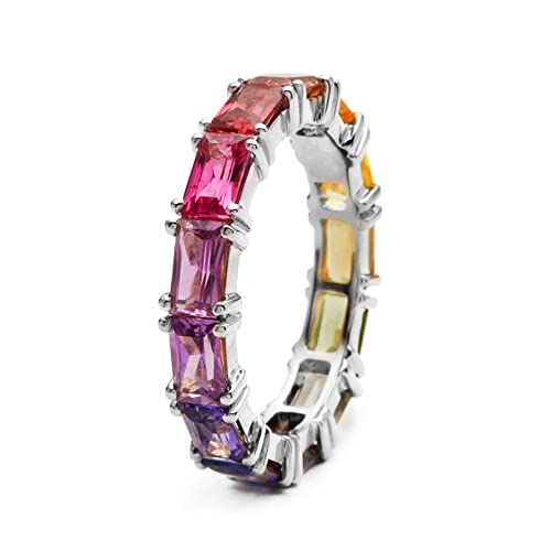 Psiroy Fashion Jewelry 925 Sterling Silver Plated Stackable Eternity Band Emerald Cut Simulated Gemstone Ring for Women Size 7
