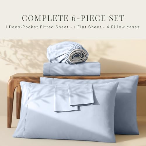 Image of Hearth & Harbor Bed Linen Set - Queen Size - 6 Piece - Ice Blue - Extra Deep Pocket Sheets - Microfiber