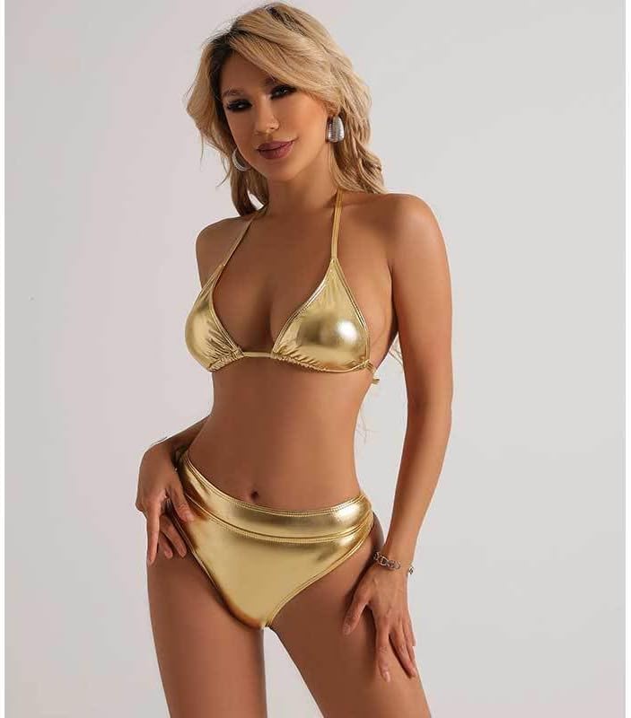 Women Metallic Bikini Set Two Piece Swimsuit Shiny Silver Gold Bathing Suit Triangle Bikini Tops and Bottom Set - Image 2