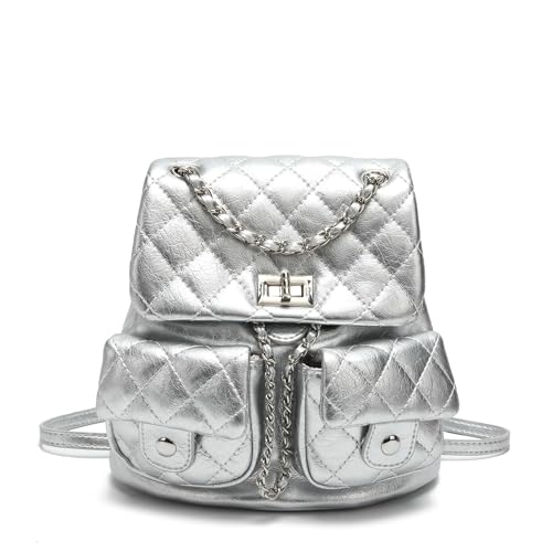 COC.EFRENAR Quilted Mini Backpack Purse for Women, Small PU Leather Fashion Backpack with Chain Strap, Silver by COC.EFRENAR - Used condition - US$27.58
