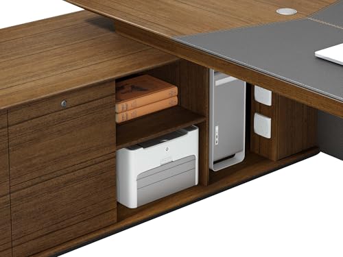 Image of Lakdi The Furniture Co Director Office Table for Boss & Executive | Unique Design L Shape CEO Table Made in MDF with Laminte | with Drawers and Pedestal & Openable Shutter - LDL-521
