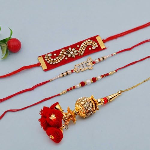 Image of Good Luck 4 Rakhi Set with Gift for Brother Bhai Bhabhi - 4 Rakhi Combo for Brother Gift Combo - Lucky Elephant Trunk Up Showpiece /Peacock Rakhi /Lumba Rakhi /Best Wishes Greeting Card