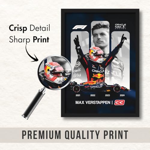 Image of ArtAction Max Verstappen Wall Frame Poster | F1 Racing Car Decor for Bedroom, Office | A4 Size | F1 Driver Art | Sport Gift for Fans, Men & Boys